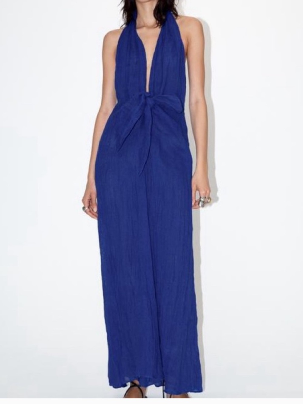 NWOT Zara ZW Collection Halter Maxi Deep V Linen Dress | Cobalt Blue